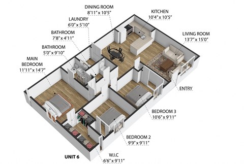 Floor plan for 3 beds, 2 baths, 1200 sqft